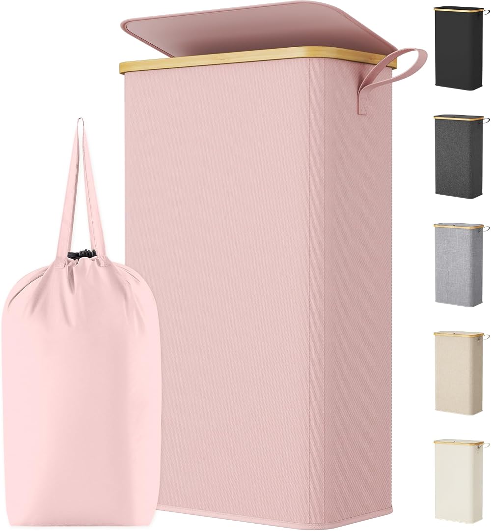Lifewit Laundry Basket with Lid 75L Narrow Foldable with Removable Bag Pink