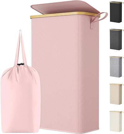 Lifewit Laundry Basket with Lid 75L Narrow Foldable with Removable Bag Pink