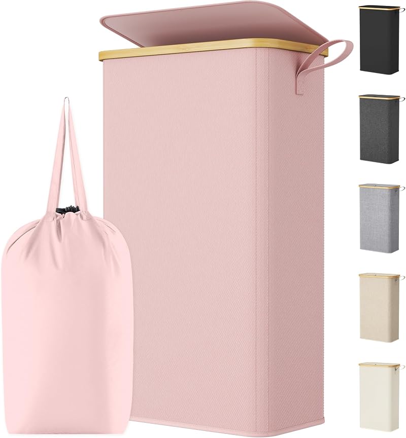 Lifewit Laundry Basket with Lid 75L Narrow Foldable with Removable Bag Pink