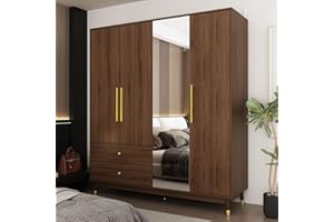 MOUMON 4-Door Wardrobe Closet with Mirror & 2 Drawers, Armoire Wardrobe Closet with 2 Hanging Rods, Armoire Closet with Wooden Legs, Closet for Bedroom Brown (63”W x 18.9”D x 70.9”H)