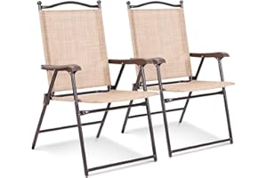 Giantex Set of 2 Patio Folding Chairs, Outdoor Patio Dining Chairs w/Armrest, Sling Back, Metal Frame, Outside Use for Lawn Camping Garden Pool Beach Yard Lounge, No Assembly, Yellow