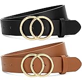 SANSTHS 2 Pack Women Leather Belts Faux Leather Jeans Belt with Double O Ring Buckle