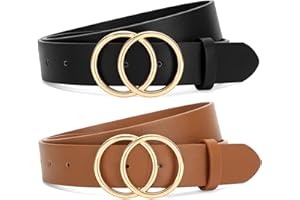 SANSTHS 2 Pack Women Leather Belts Faux Leather Jeans Belt with Double O Ring Buckle