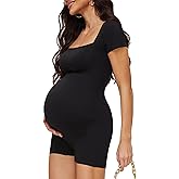 Yeshape Maternity Romper with Square Neck and Short Sleeve Bodysuit, Photoshoot Casual Workout Maternity-Clothes