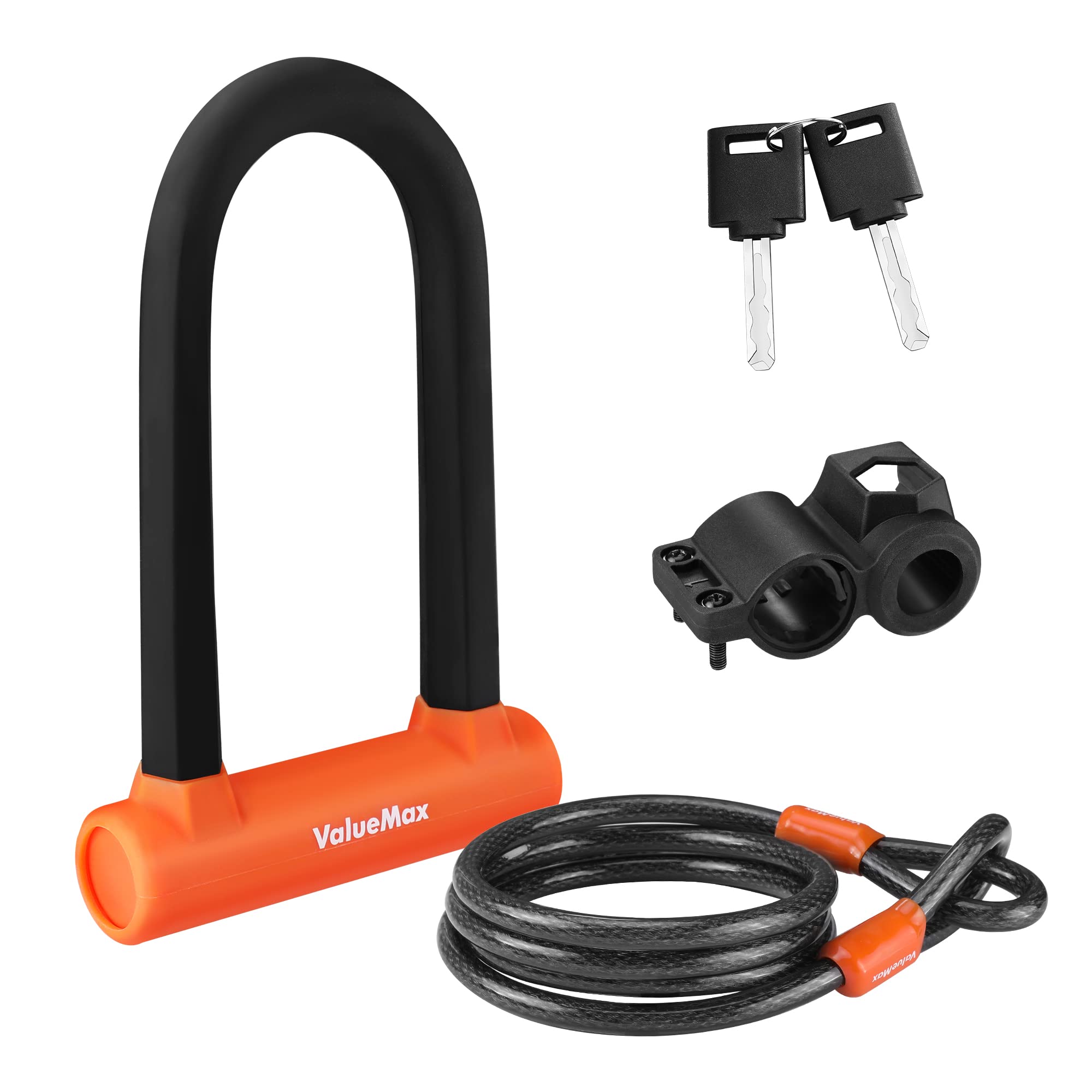ValueMax Bike Lock - 16 mm High Security Bike U Lock, with 1.8 m(6 FT) Security Bike Cable, Heavy Duty Cycle D Lock and Mount Holder, for Motorcycles/Scooters/Bicycles/Door