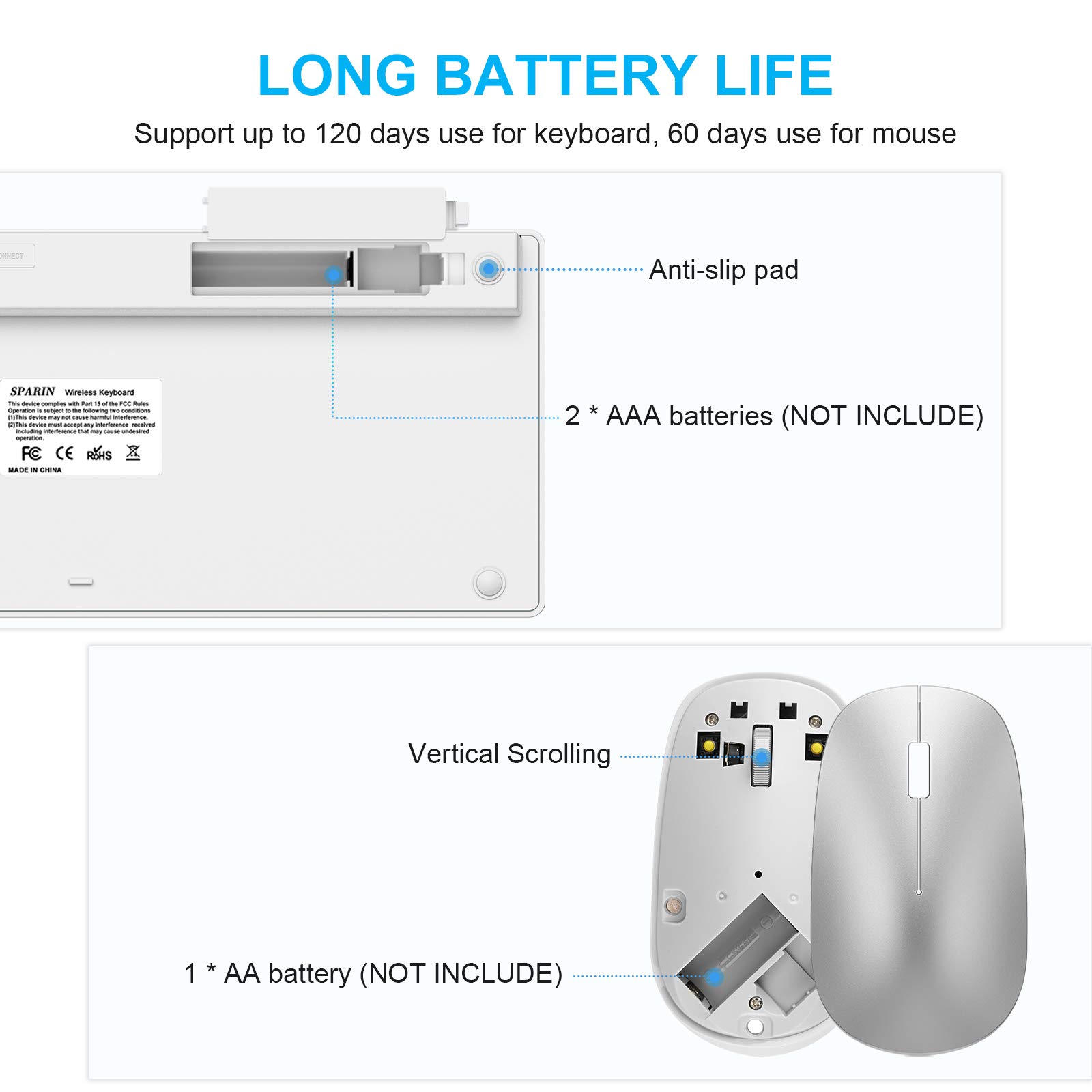 SPARIN Wireless Bluetooth Keyboard and Mouse for iPad (A16) 11th 10th Generation, iPad Air (13/11 inch), iPad Pro 13/12.9/11 inch, iPad 9th 8th Gen, iPad Mini 7th -8.3 inch, Above iOS13- Silver White