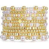 COLOYAN 10PCS Gold Bracelets for Women Stack, Cross Beaded Strand Bead Ball Stackable Gold Bracelet, Pearl Beaded Bracelets Elastic Bracelet Set