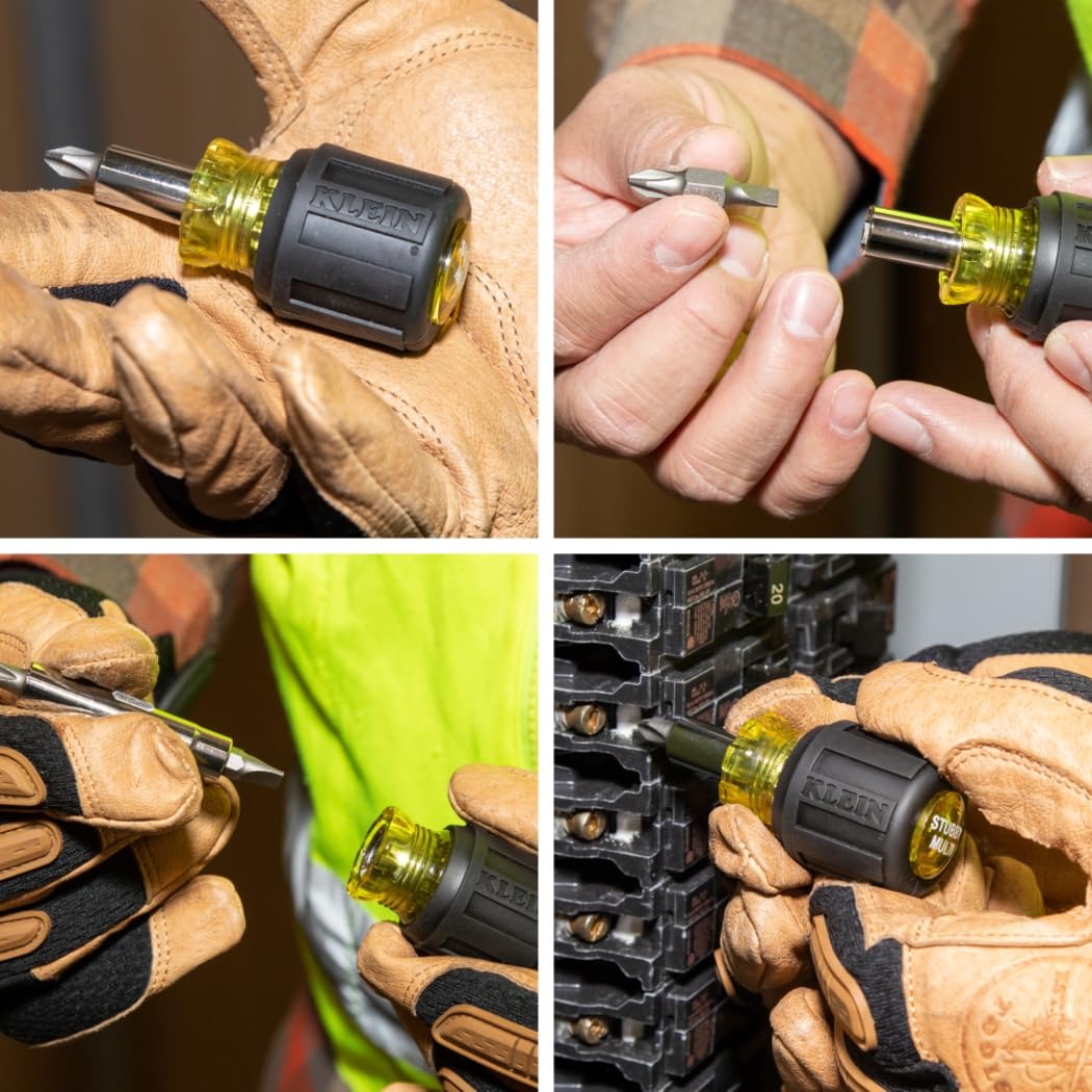 KLEIN TOOLS 32561 Multi-Bit Screwdriver / Nut Driver, 6-in-1 Stubby Screwdriver with 2 Phillips, 2 Slotted, 2 Nut Drivers