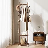 Yoobure Solid Wood Coat Rack Freestanding - Rolling Clothes Rack with 8 Hooks &amp; Shelves, Small Clothing Rack with Wheels, Heavy Duty Clothing Racks for Hanging Clothes, Portable Hall Tree for Entryway
