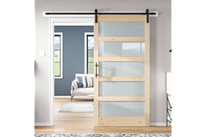 ROYMELO 42x84 inch Glass Sliding Barn Door Slab with 7ft Hardware Kit Included, 5-Panel Frosted Glass, Spruce Wood Support DIY Dyeing, Easy Assembly