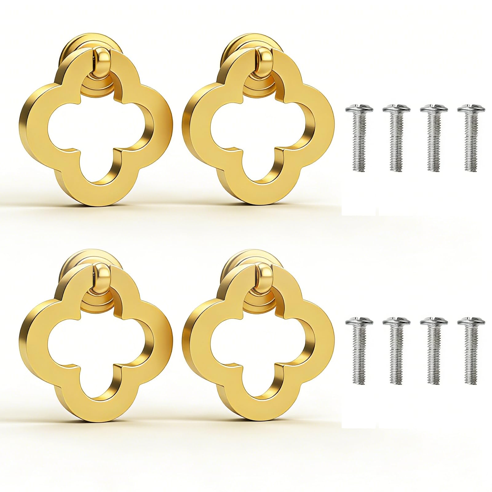 Newsmy 4 Pcs Gold Flower Ring Pulls, Vintage Clover Drawer Knobs with 8 Screws, 55mm Brushed Gold Cabinet Handles for Wardrobe, Cupboard & Chest of Drawers