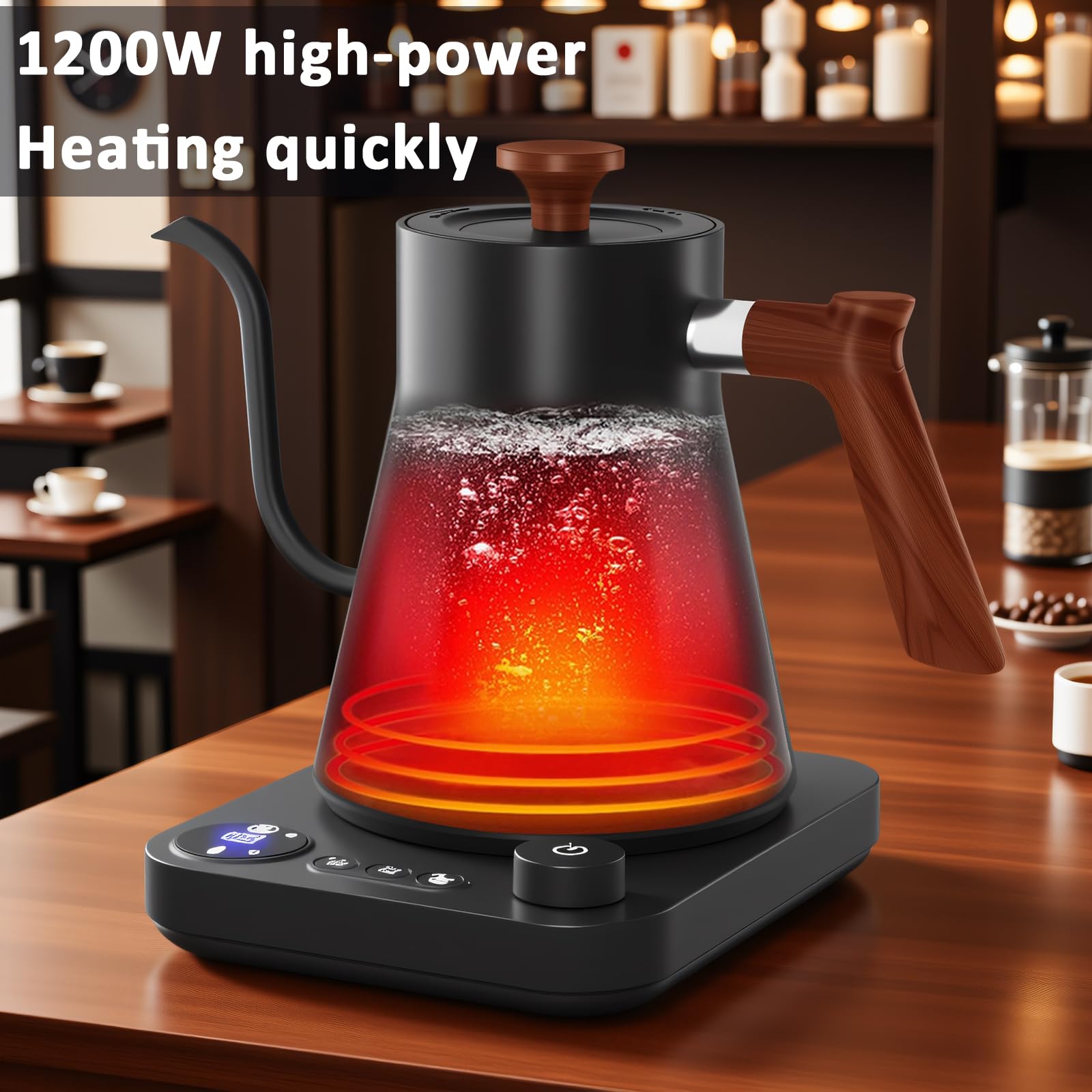 Hervidor eléctrico digital inteligente con control de temperatura variable, interior de acero inoxidable, hervidores eléctricos de cuello de cisne de calentamiento rápido de 1200 W, elegante acabado mate para café y bebidas calientes, 0,9 L (negro)