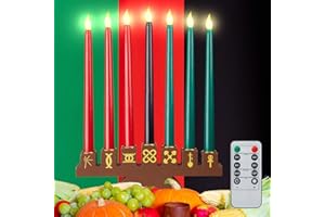 ZILINY 8 Pieces Kwanzaa Kinara Flameless Candles Set Wood Kwanzaa Candle Holder 3 Red 3 Green 1 Black Kwanzaa Taper Candles with Remote Timer for Kwanzaa Table Centerpiece Church Decor