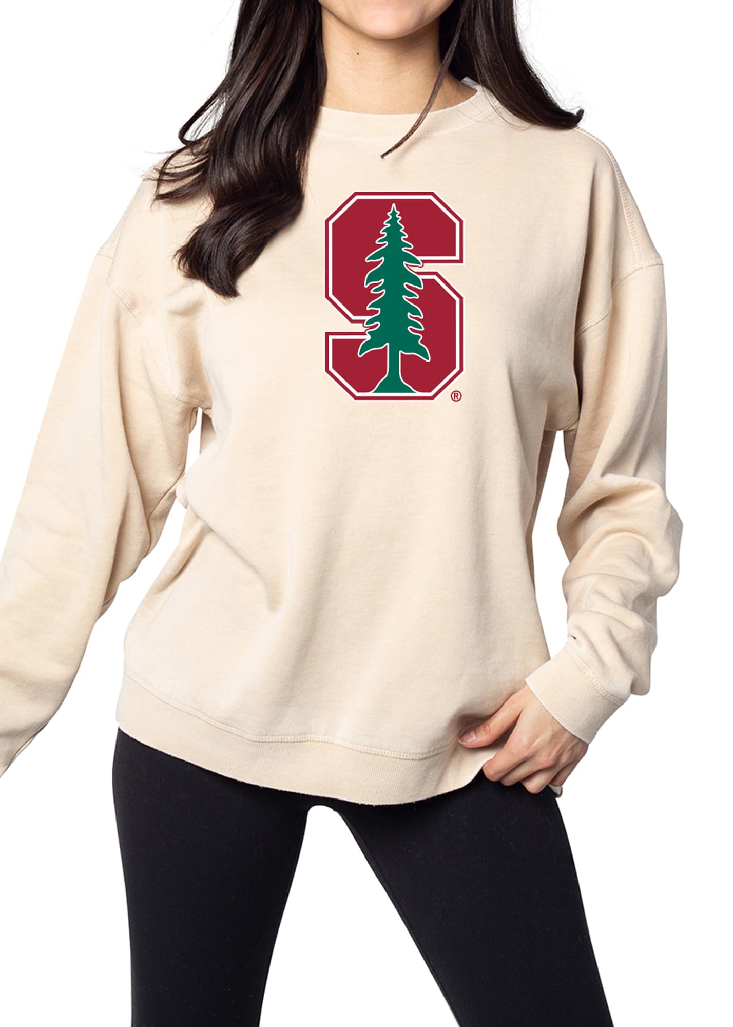 chicka-d Women's Oversized Dropped Shoulder Crewneck Fleece Sweatshirt NCAA Primary Team Icon Neutral, Stanford Cardinal, Oatmeal, X-Large Image
