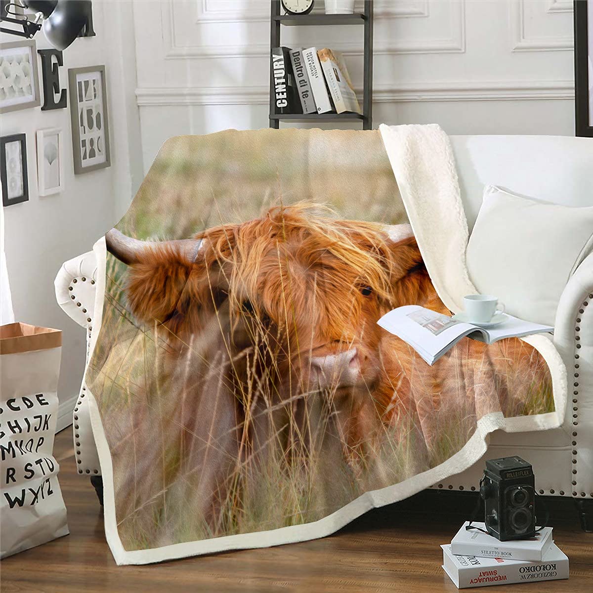 Loussiesd Highland Cow Sherpa Blanket 3D Cute Bull Cattle Fleece Throw Blanket for Kids Boys Girls Western Animal Grassland Fuzzy Blanket for Sofa Bed Wild Orange Brown Cow Baby 30"x40"