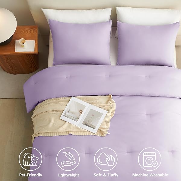 COZYLUX FULL SIZE COMFORTER SET LAVENDER, 3 PIECES LIGHTWEIGHT DOWN ALTERNATIVE QUILTED BEDDING SETS, LIGHT PURPLE ALL SEASONS BREATHABLE SOLID COMFORTER WITH 2 PILLOWCASES, SOFT BED SET FOR BEDROOM