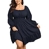 SHESTARR Women's Plus Size Dresses Square Neck Long Sleeve Tie Front Textured A Line Mini Dress
