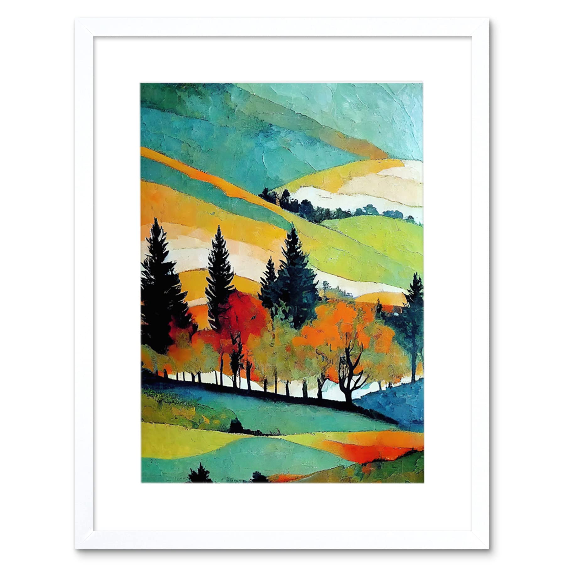 Wee Blue Coo Colourful Autumn Landscape Scotland Hillside Forest Oil Painting Artwork Framed Wall Art Print 12X16 Inch