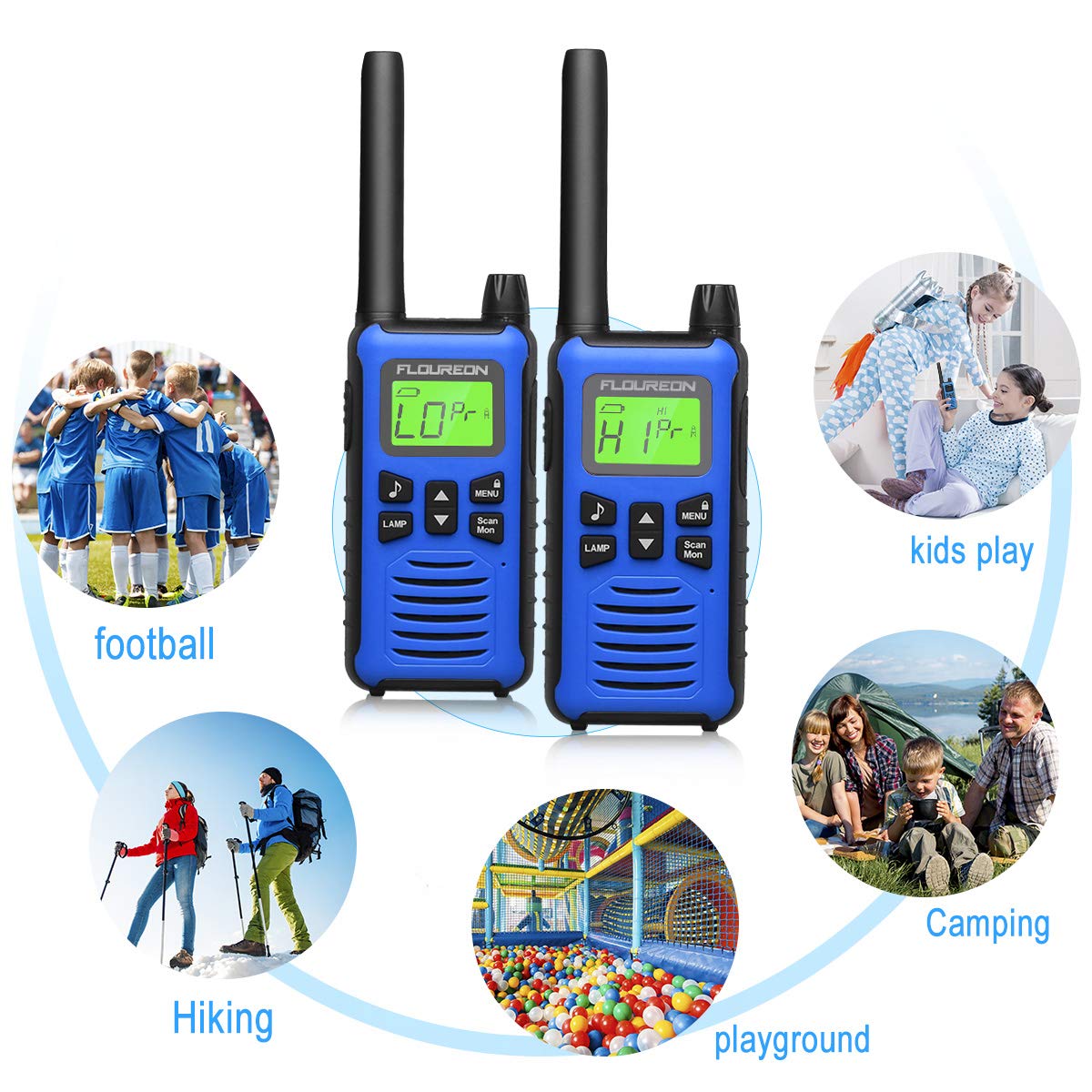 FLOUREON 2 Pack Walkie Talkies for Kids 16 Channel Interphone 2 Way Radio with LCD Display PMR 446MHZ Long Range Rechargeale for Field Survival Biking Hiking Blue