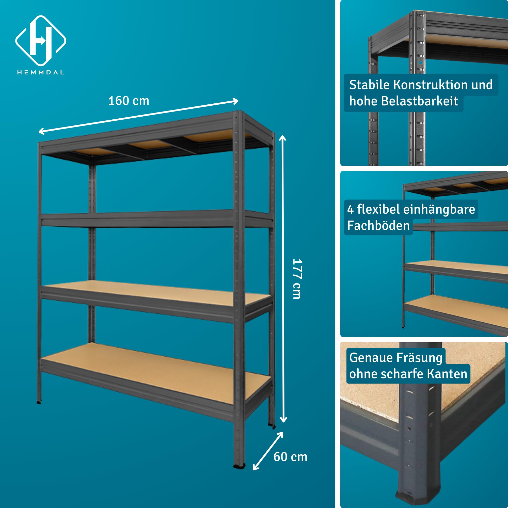 HEMMDAL Schwerlastregal Typ L - HxBxT 177 x 160 x 60 cm - Graphitgrau - 2.400 kg Tragkraft - Steckregal mit 4 Böden - 600 kg Fachlast - Made in EU - stabiles Metallregal - Lagerregal - Werkstattregal 3