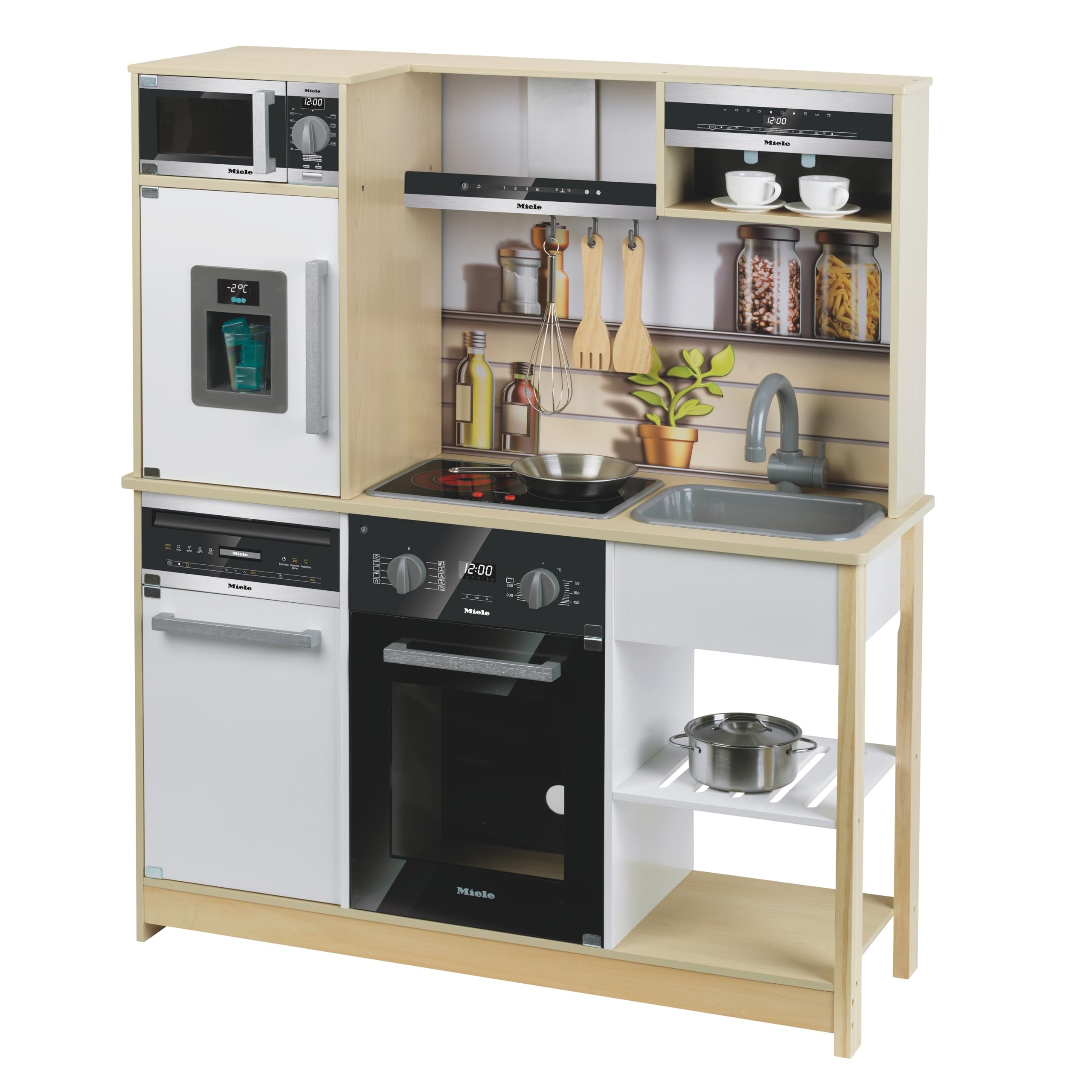 Theo Klein 7188 Miele Cuisine Family I Cuisine en Bois avec Table de Cuisson à Fonction Lumineuse et sonore, Micro-Ondes, réfrigérateur et Distributeur de glaçons