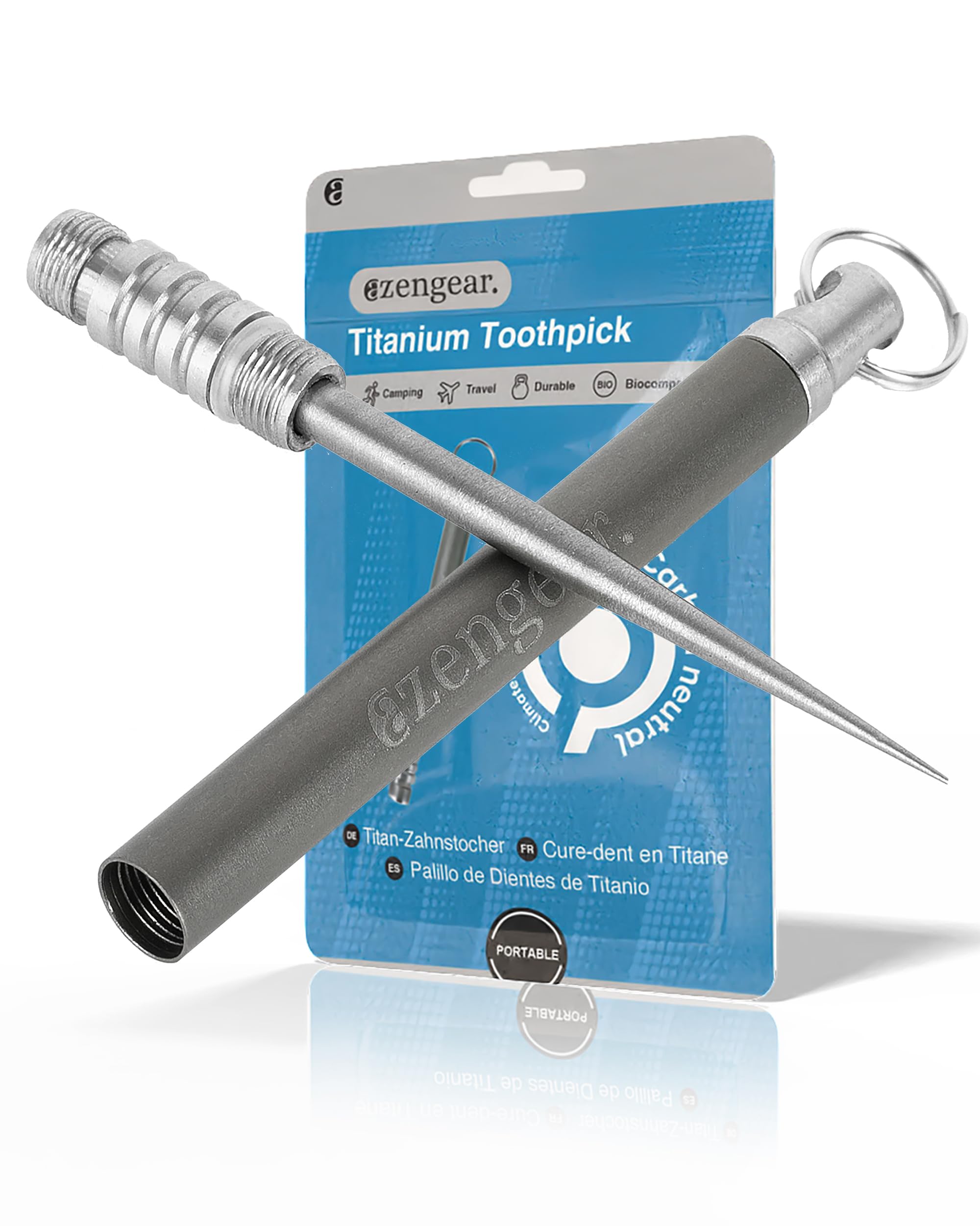 aZengear Titanium Toothpick, 8g, 11cm/4.3in, ⌀6mm with Keyring Pocket Holder - Portable, Reusable - Best for Outdoor Camping, Travel, Picnic (One)