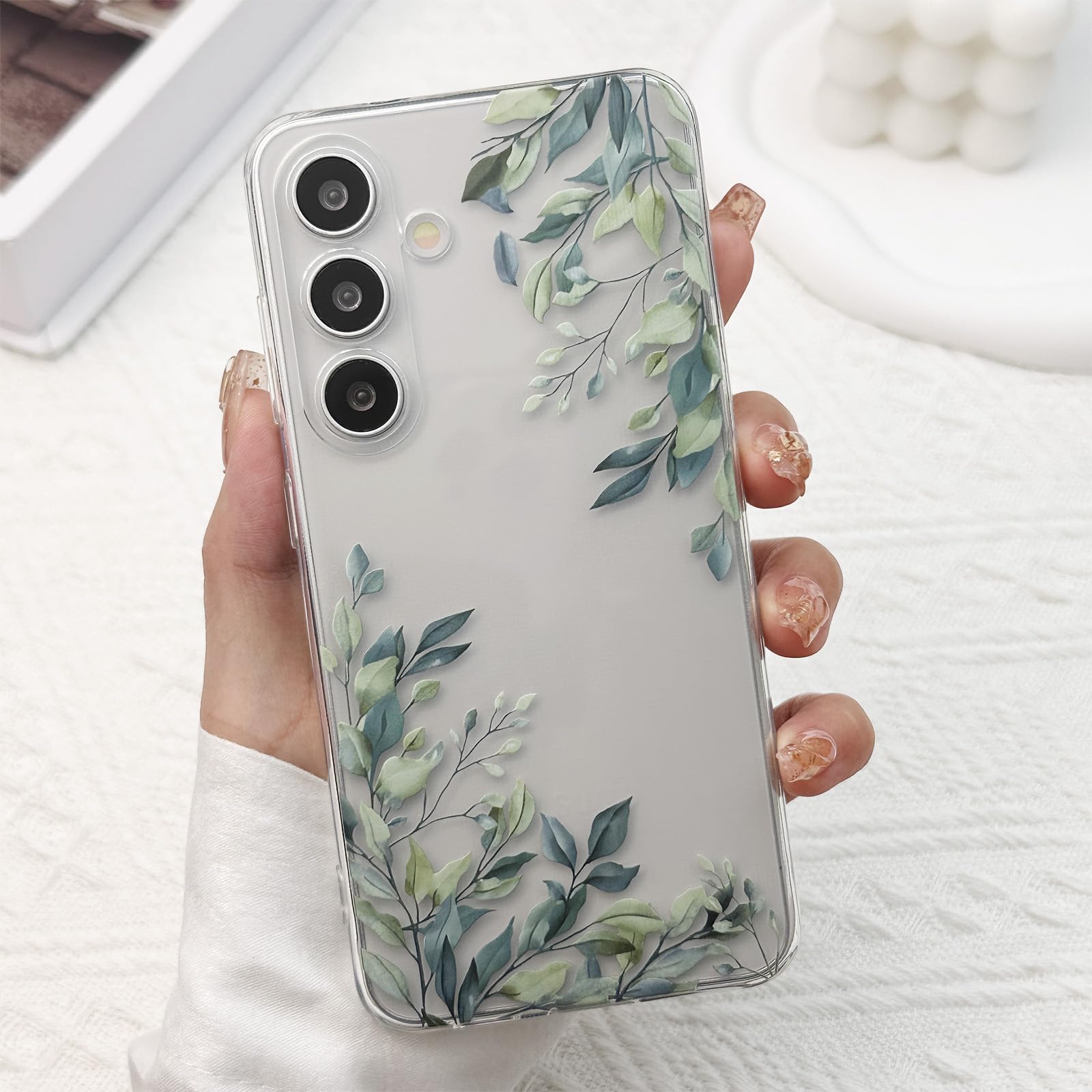 DYFYFKDI for Samsung Galaxy S24 Plus Case, Floral Flowers Cute Aesthetic Clear Green Leaves Pattern Case for Women Girls,Transparent Slim Soft Shockproof Cover for S24 Plus,Green Leaves