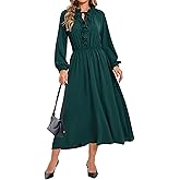 Ystguic Women's Casual Long Sleeve Fall Midi Flowy Empire Elastic Waist Dresses with Pockets