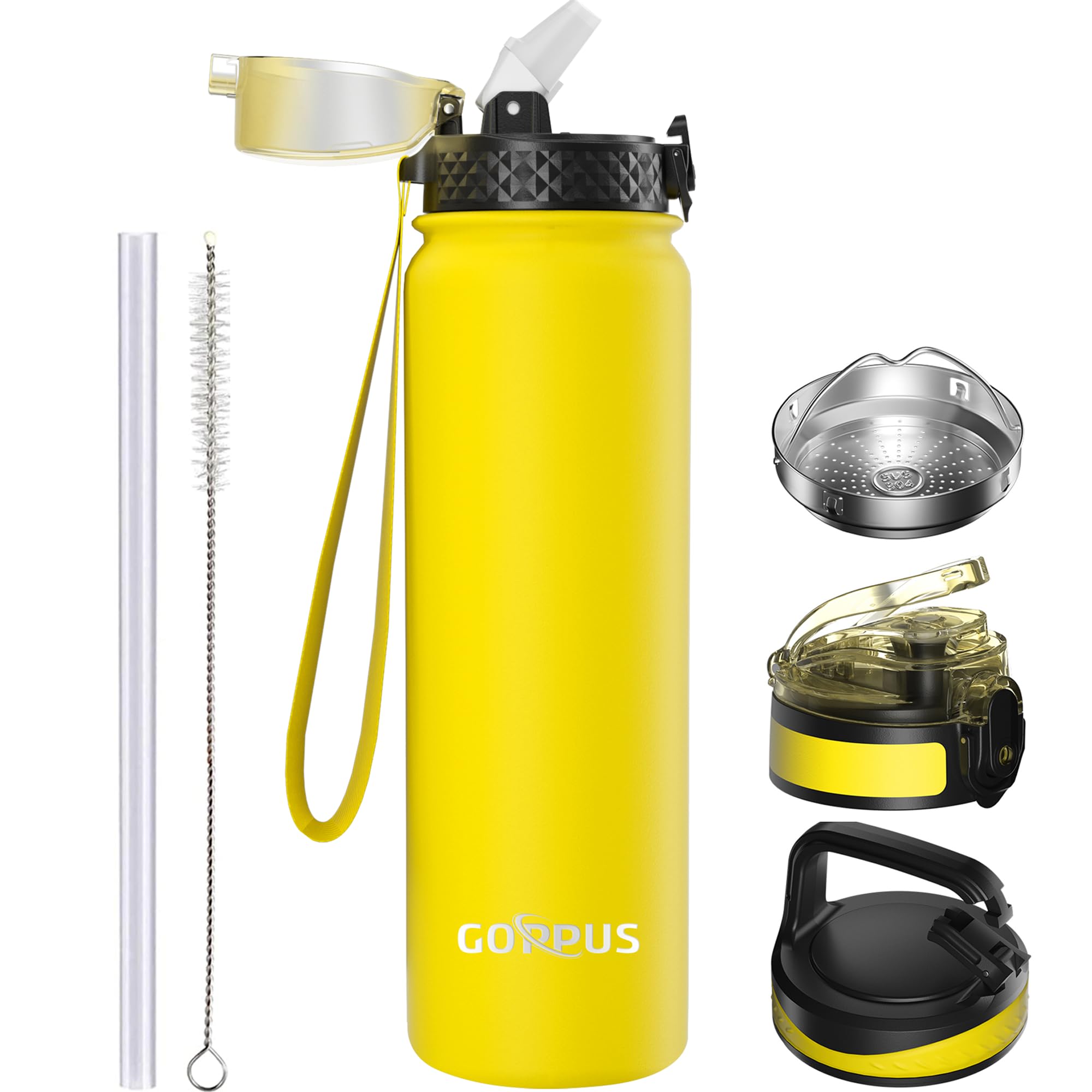 GOPPUS 1L/32oz Stainless Water Bottle with Straw Double Wall Insulated Bottles with Strap Reusable Vacuum Thermal Flask Leakproof Keep Cold Drinks Bottles with Flip Top Lid for Gym Men Women BPA Free