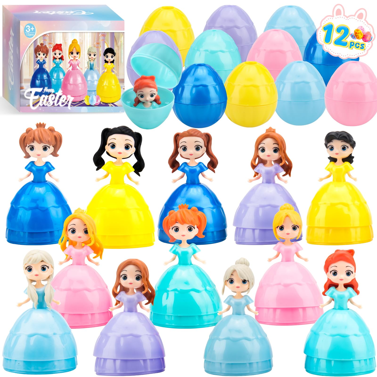 CHILDGO Prefilled Princess Easter Eggs-12 Pack Surprise Doll Toys for Girls, Easter Basket Stuffers, Egg Hunt Toys, Party Favors & Classroom Prizes