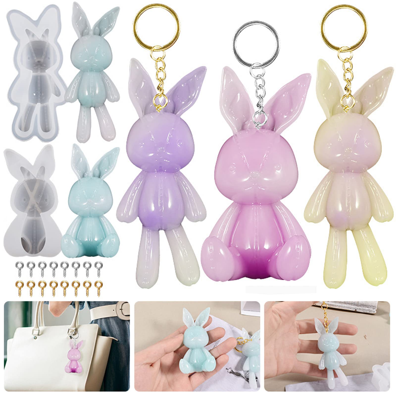 Bekecidi 62 PCS Epoxy Resin Moulds Keyring Kit, Rabbit Silicone Moulds for Resin Casting Animal Bunny Resin Keychain Molds Silicone Pendant Moulds for Jewellery Keyring Making Kit DIY Crafting