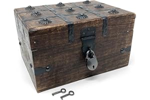 Nautical Cove Treasure Chest Wooden Box with Antique Iron Lock and Skeleton Key (Small 8x6x4.5) - Storage and Decor – Pirate Keepsake Chest, Decorative Storage Box with Hinged Lid