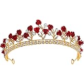 Red Rose Bridal Tiara Bride Headdress Alloy Rhinestone Wedding Crown for Prom, Pageant, Birthday, Party, and Halloween