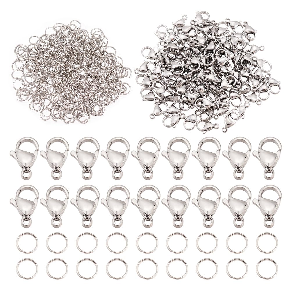 PH PandaHall 100pcs 304 Stainless Steel Lobster Claw Clasps, Metal Lobster Clasps for Jewellery Making with 300pcs 5mm Open Jump Rings Necklace Clasps and Closures for DIY Bracelet Earrings Crafts