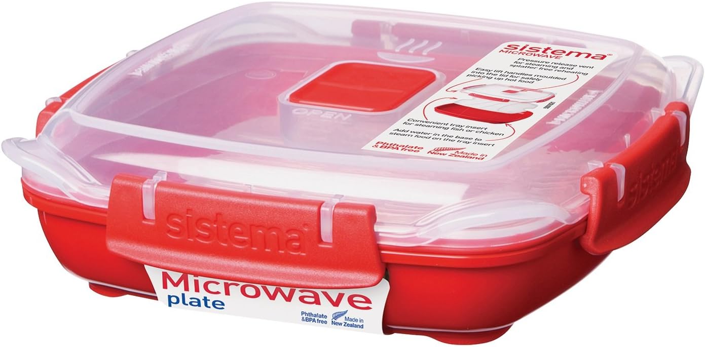 Sistema Microwave Plate with Removable Steaming Tray, Red/Clear, 440 ml
