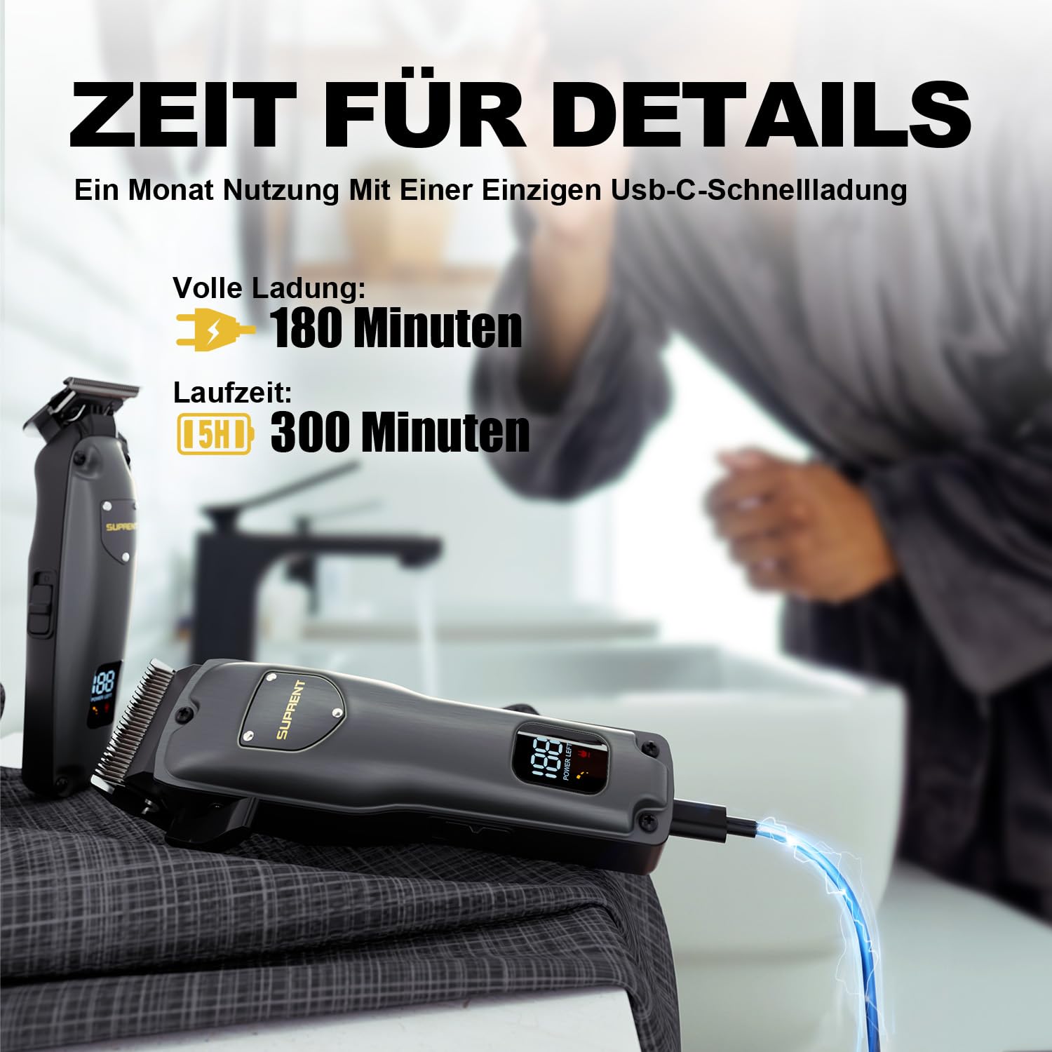 SUPRENT Haarschneidemaschine Set für Herren, Schnurlose Haarschneider Pflegesets, Friseur-Haarschere mit LED-Anzeige, Präzisions Haartrimmer Bartschneider für Männer (Grau) 7