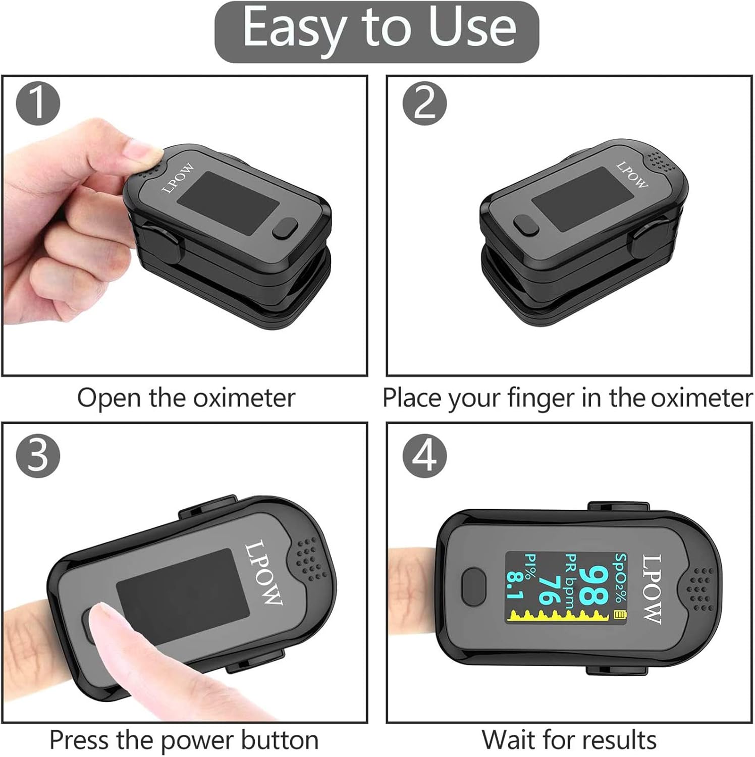 LPOW Pulse Oximeter Fingertip, Blood Oxygen Saturation Monitor for Pulse Rate, Heart Rate Monitor and SpO2 Levels with OLED Screen Display Batteries and Lanyard Included: Health & Personal Care