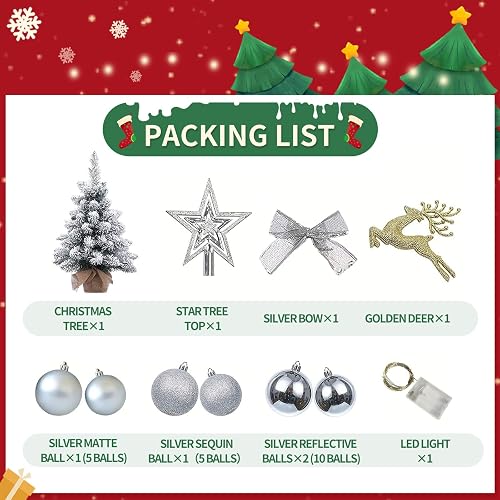 Uspring 2-Foot Pre-Lit Christmas Tree With Decorations - Pre-Decorated Tabletop Tree, 70 Branches, 30 LED Lights