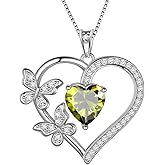 Aurora Tears Heart Butterfly Pendant Necklace - 925 Sterling Silver Birthstone Heart Crystal Necklace Gifts for Women Jewelry Mothers Day Valentines Birthday Gifts for Girls