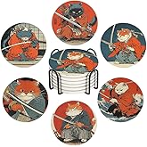 LOKMU Coasters for Drinks, Round Absorbent Ceramic Stone Coaster Sets of 6 with Metal Holder Stand, Japanese Cat Coasters with Cork Base for Coffee Wooden Table, Housewarming Gifts