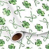 LeZakaa St. Patrick’s Day Wrapping Paper Roll, Green Four-Leaf Clover & Bow Pattern, Elegant Lucky Gift Wrap for Irish Holiday Party, Birthday Celebration, Mini Roll 17 Inches x 16.4 Feet