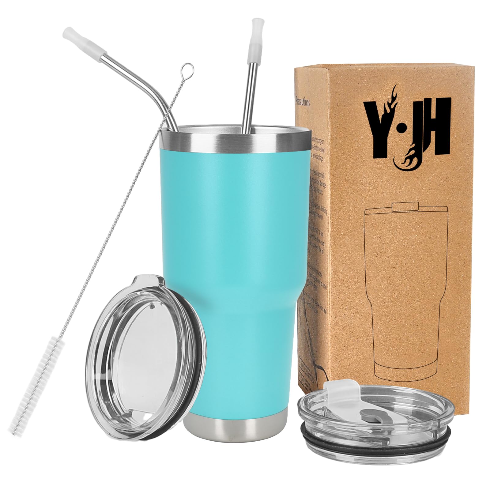 Y·J&H 30oz (850ml) Travel Tumbler Double Wall Vacuum Insulated Coffee Mug Stainless Steel Coffee Cup with 2 Splash Proof Lid, 2 Straws & Free Cleaning Brush, BPA Free - Turquoise