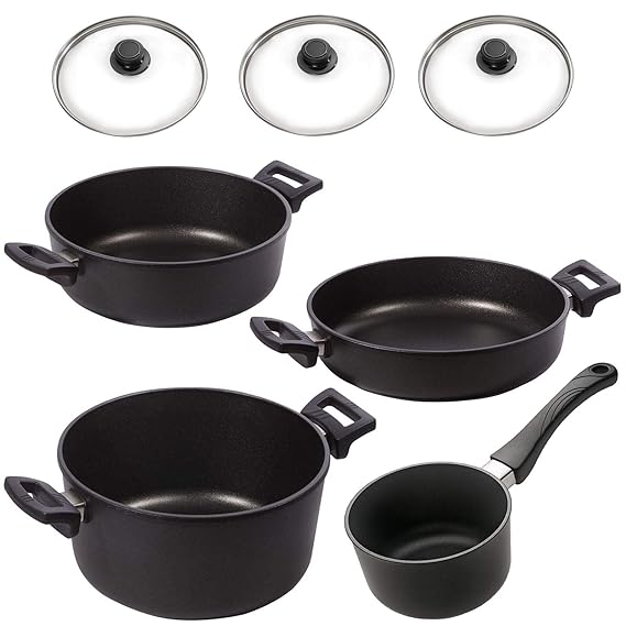 Eurolux Topfset Induktion Aluguss beschichtet 7-teilig Kochtopf Bratentopf Kasserolle Stieltopf PFOA frei inkl. Deckel Edelst