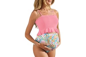 Summer Mae Maternity High Waist Swimsuit Ruffle Hem Bikini Bathing Suit Shirred Bandeau Two Piece Pregnancy Swimwear