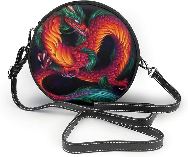 Chinese Dragon Printed Women Leather Crossbody Round Bag Girls Cell