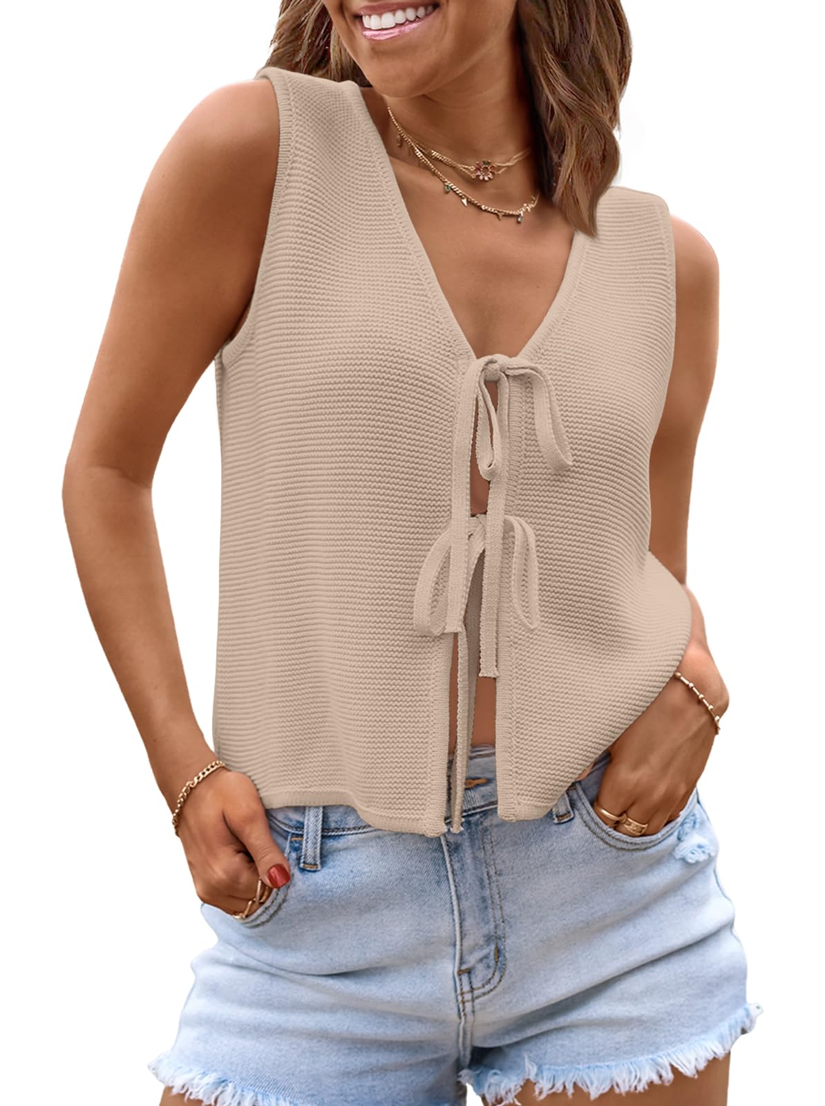 Photo 1 of ***MINOR DAMAGE*** LILLUSORY Womens Crochet Tops Ladies Summer Vacation Outfits Beach Fashion Tank Y2K 2025 Cute Clothes Tie Front Sweater Vest Beige L