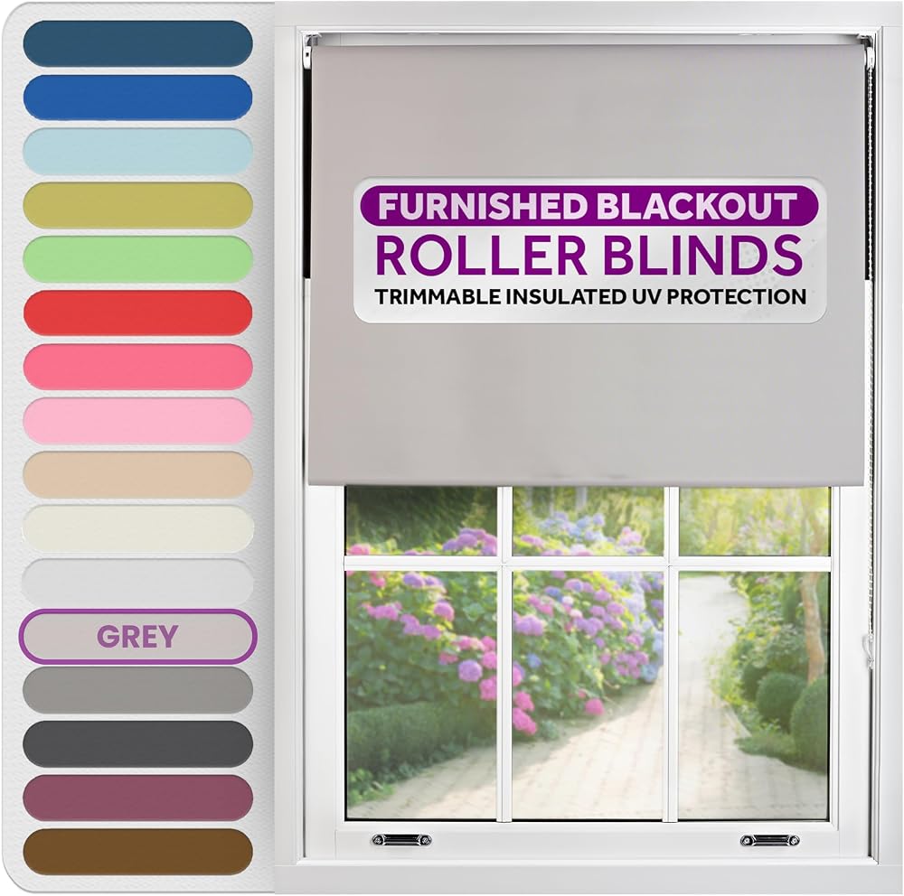 FURNISHED Thermal Blackout Roller Blind Grey 185x165 cm Easy Fit