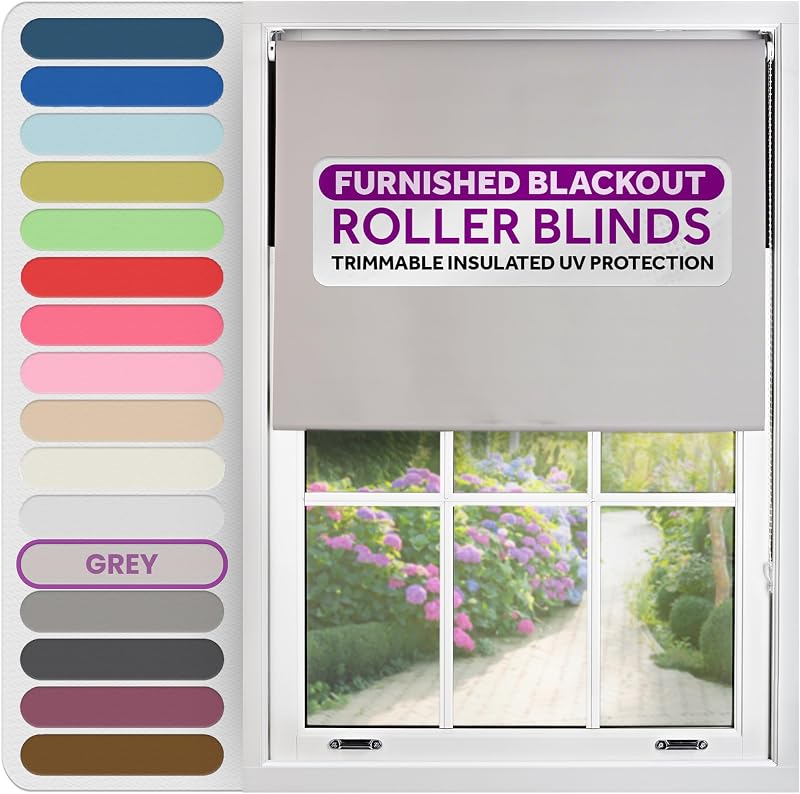 FURNISHED Thermal Blackout Roller Blind Grey 185x165 cm Easy Fit