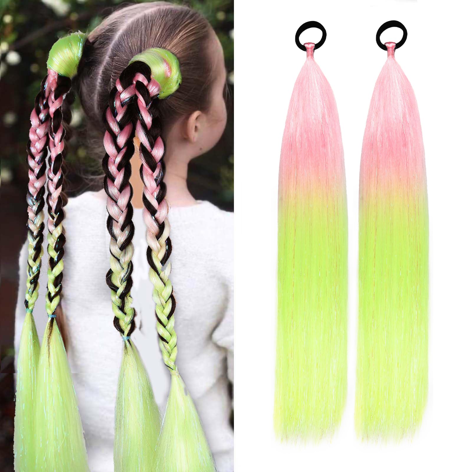 Rainbow Ponytail Extensions With Hair Tie 2 Packs 50g/Pack Coloured Hair Extensions for Braiding 26 inch Colorful Ombre Mermaid Pony Tail Synthetic Hair Extensions for Girl Women S21 โ image 1