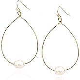 POMINA Lightweight Pearl Hoop Earrings, Gold Open Teardrop Pearl Dangle Drop Earrings for Women